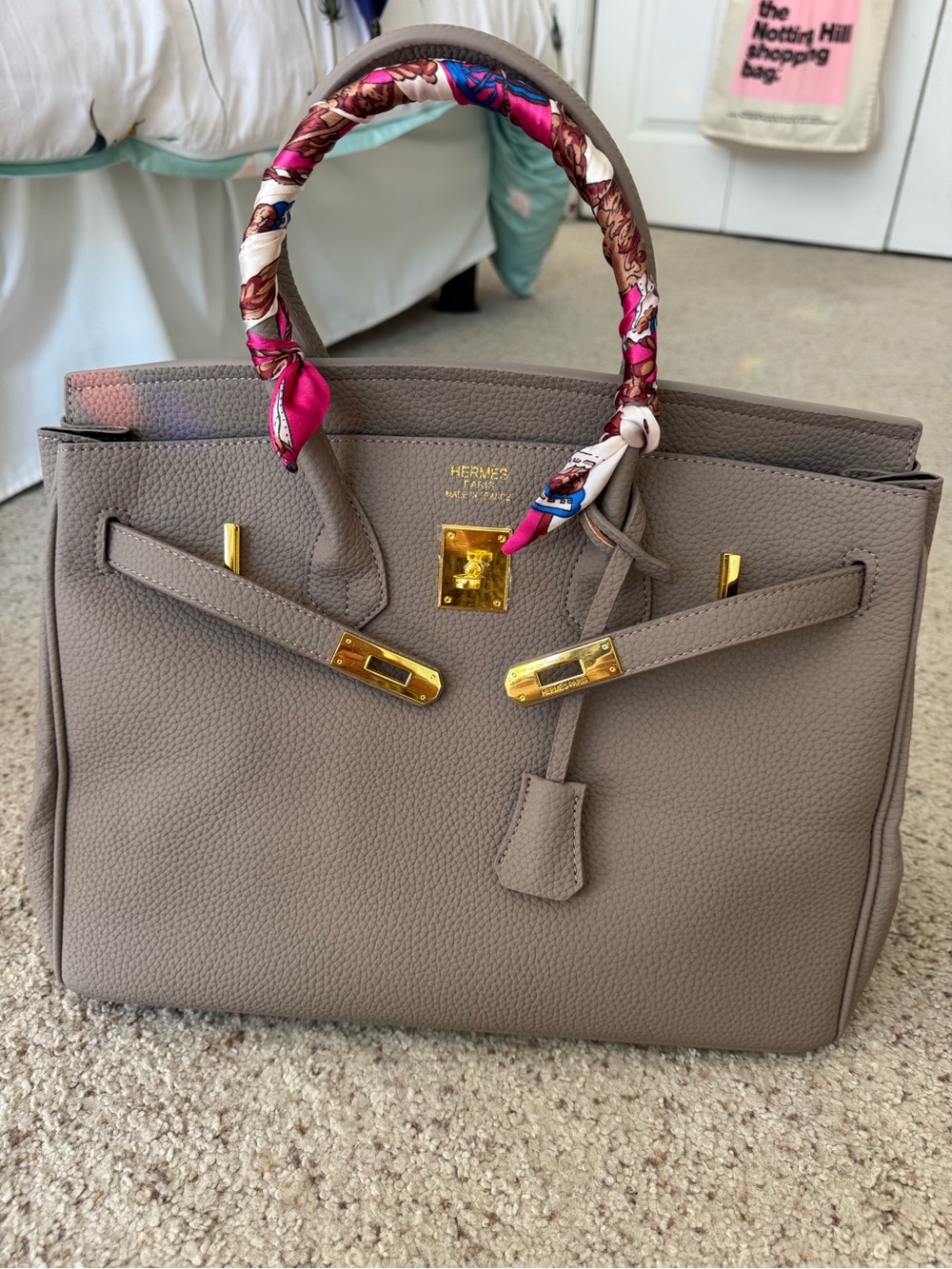 Taupe Togo Leather Birkin-Style Satchel with Pink Scarf Wrap